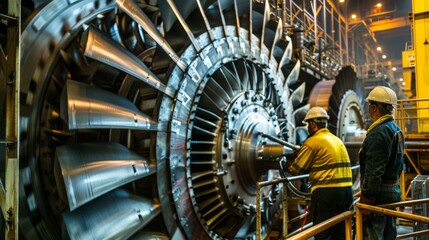 Workers maintaining the turbines inside a hydroelectric dam