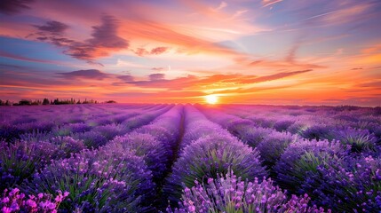 Captivating Lavender Field Under Majestic Sunset Sky in Countryside Landscape