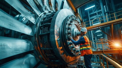 Workers maintaining the turbines inside a hydroelectric dam