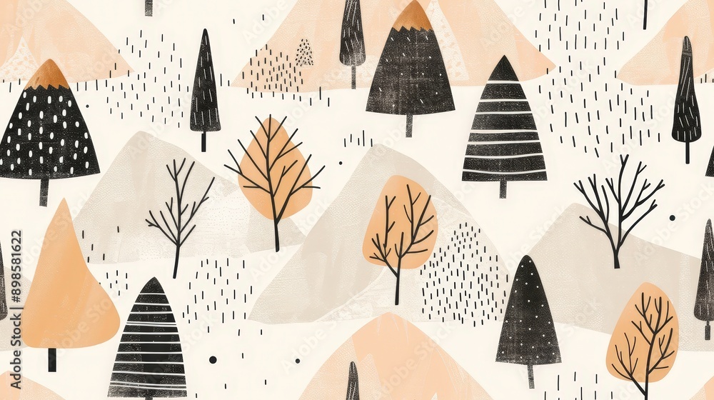 Poster a minimalistic scandinavian pattern showcases trees and mountains in soothing earth tones, creating 