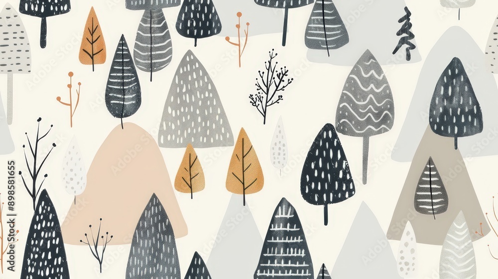 Poster a charming design showcases minimalistic trees and geometric shapes in a soft color palette, evoking