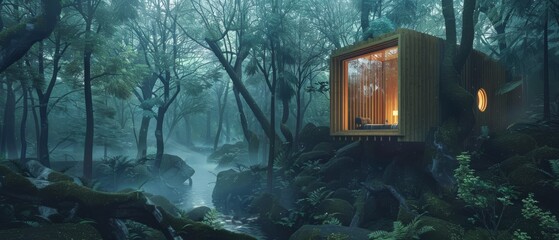 A small cabin nestled in a misty forest.