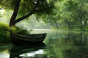 Obraz premium A small wooden boat rests on the calm waters of a tranquil river, surrounded by lush green trees. The sun filters through the foliage, casting dappled light on the water.