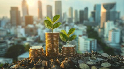 Fototapeta premium A stack of coins with a growing plant, a symbol of financial growth and success, set against a blurred cityscape backdrop.