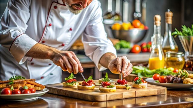 Un chef concentrado crea aperitivos delicados en una cocina bien equipada. Sobre la tabla de cortar se pueden ver tapas con tomates cherry y albahaca fresca, mostrando la atenci&oacute;n al detalle y la pasi