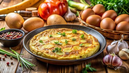 Fototapeta premium Tortilla española con papas, cebolla y ajo servida en una sartén, rodeada de ingredientes frescos.