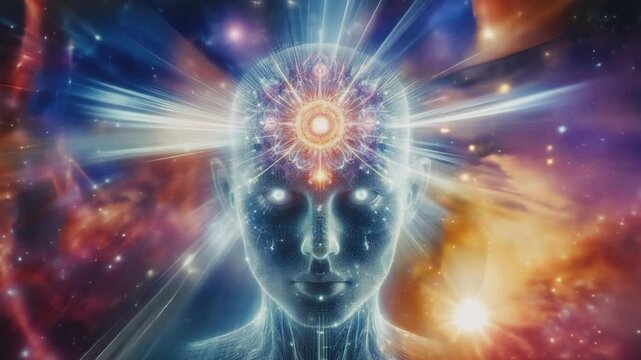 Cose-up, a meditating person's face is framed by glowing chakras, radiant auras, and flowing energy, set against a backdrop of the universe and stars, symbolizing cosmic connection and inner peace.