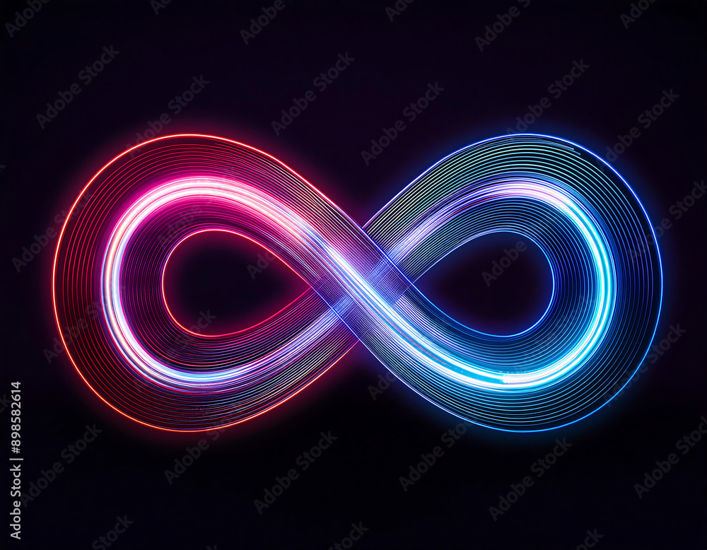 Poster neon infinity loop- a glowing neon loop symbol set against a dark background, represent_1(310)