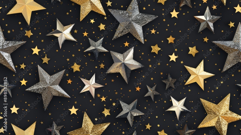 Poster a stunning arrangement of gold and silver stars of various sizes scattered against a dark backdrop, 