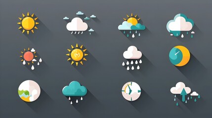 Obraz premium Comprehensive Collection of Diverse Weather Icons and Symbols for Forecasts and Climate Data Visualizations