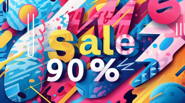 A vibrant and colorful abstract design with the word "Sale" and "90%" in bold, white lettering.  Perfect for a sale or discount promotion.