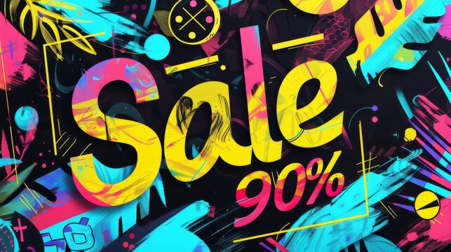 A vibrant and colorful abstract graphic design with the word "Sale" and "90%" in bold, bright letters against a dark background. Perfect for sale promotions and marketing.