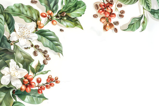 Frame with tropical leaves, flowers, coffee beans isolated on white background. Flat lay template with green plants in watercolor style. Botanical illustration for wedding invitation, print, banner.