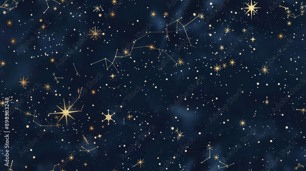 Poster a deep blue background is filled with tiny, twinkling stars and various constellations creating a me