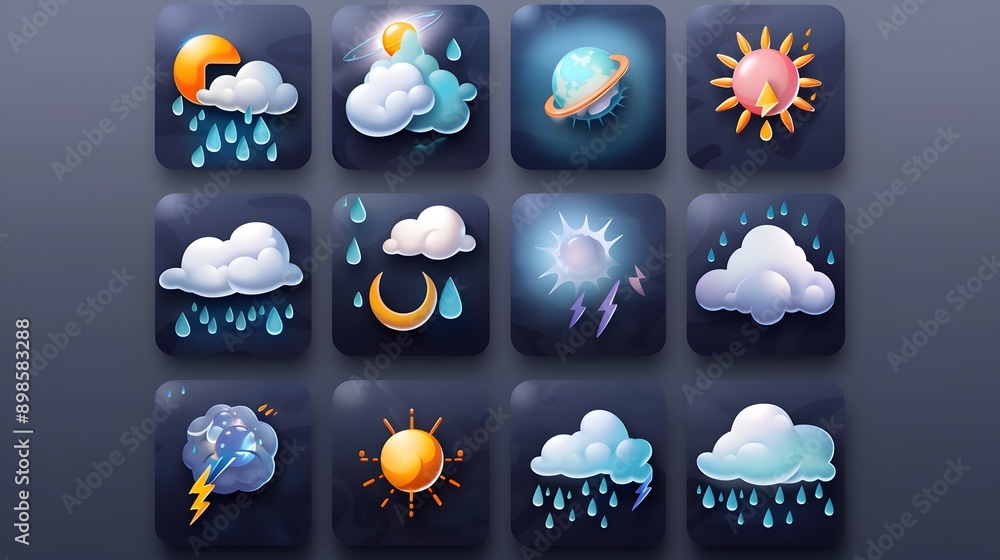 Aufkleber Comprehensive Weather Condition Icons for Forecasting and Informational Applications