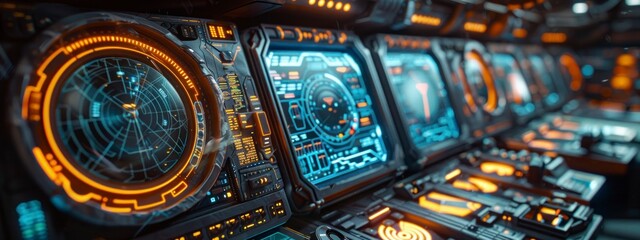 Futuristic control panel with holographic displays and glowing buttons in a sci-fi environment.