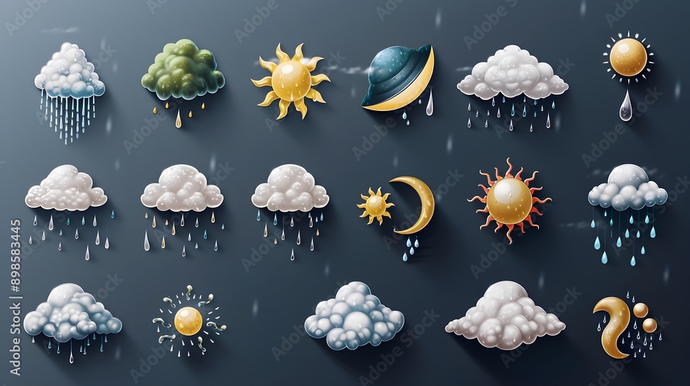 Poster comprehensive weather icons and symbols for meteorological visualization