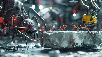 Ants Lifting a Massive Block in a Futuristic Construction Site Surrounded by Cutting Edge Robotic Arms and Machinery