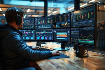 Man analyzing financial data on multiple computer monitors in a trading office, using advanced analytic tools and software for market trends.