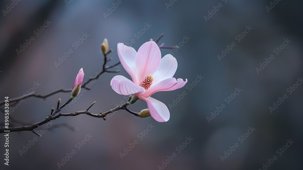 Poster delicate magnolia blossom gracing a tree branch in a serene spring scene