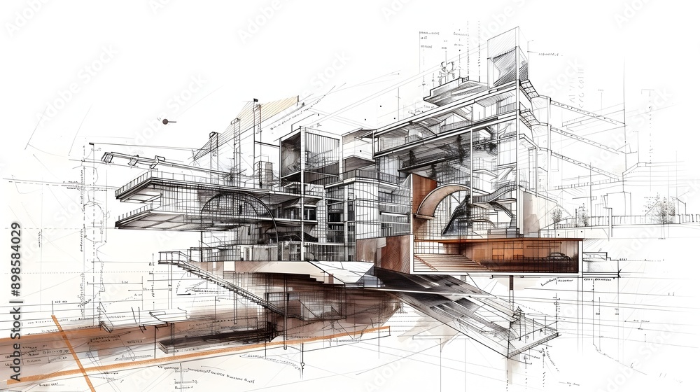 Poster detailed architectural showcasing modern and historical building design concepts