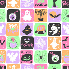 Fototapeta premium Halloween seamless pattern with pumpkins, ghosts, bats and spiders in pastel colors. Hand drawn colorful doodle collage. Great for textile, fabric, wallpaper, wrapping, scrapbook and packaging