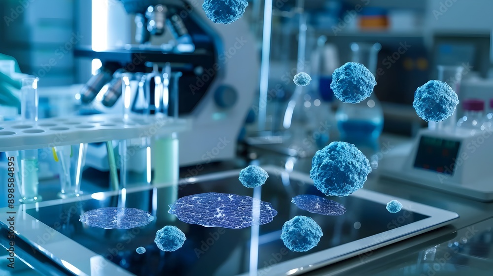 Poster Digital Tablet Displaying Stem Cell Microscopic Analysis in Laboratory Setting