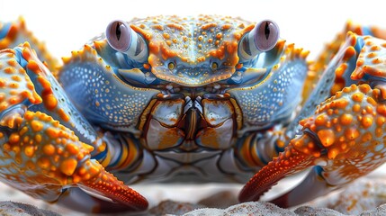 Colorful exotic crab with big eyes is posing on the sand, showing its beautiful colors