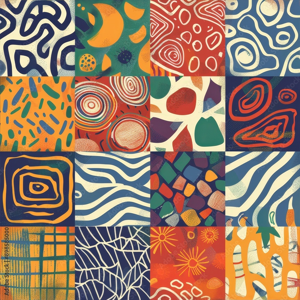 Poster a collection of vibrant abstract patterns displaying an array of shapes and textures, blending warm 