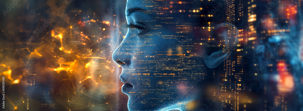 Poster a profile of a face merged with digital elements, representing the deepfake concept with data integr