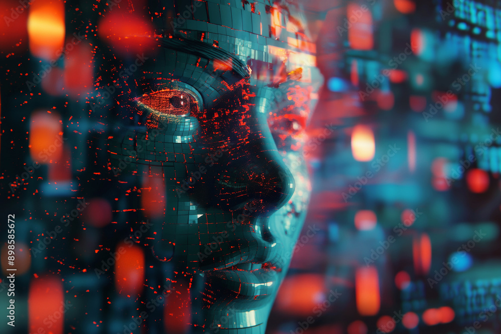 Poster a face composed of mosaic-like tiles, illuminated by vibrant red and blue digital elements, represen