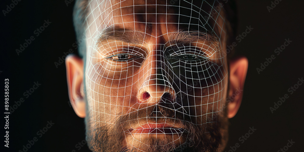 Aufkleber portrait of man with wireframe overlay for deepfake technology. facial tracking, detection and recog