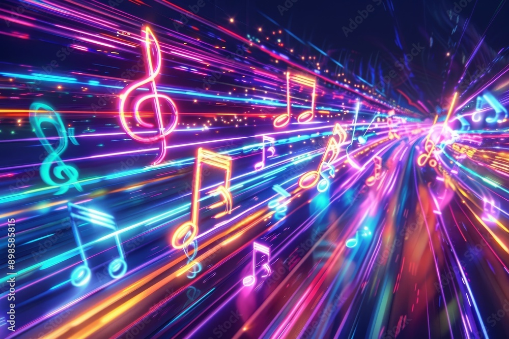 Poster abstract background of colorful glowing music notes and streaks of light, creating a sense of speed 