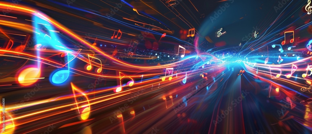 Poster abstract background with colorful music notes and glowing lights.