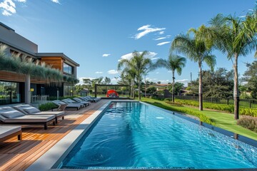 Modern pool with a large deck, lush green grass, palm trees, and seating areas in an open outdoor space for sports and socializing, under a clear blue sky with few clouds