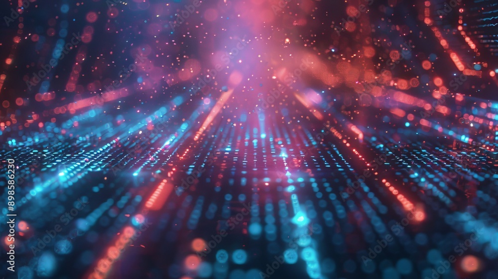 Poster abstract background with glowing lines and particles in blue and red hues. perfect for technology, d