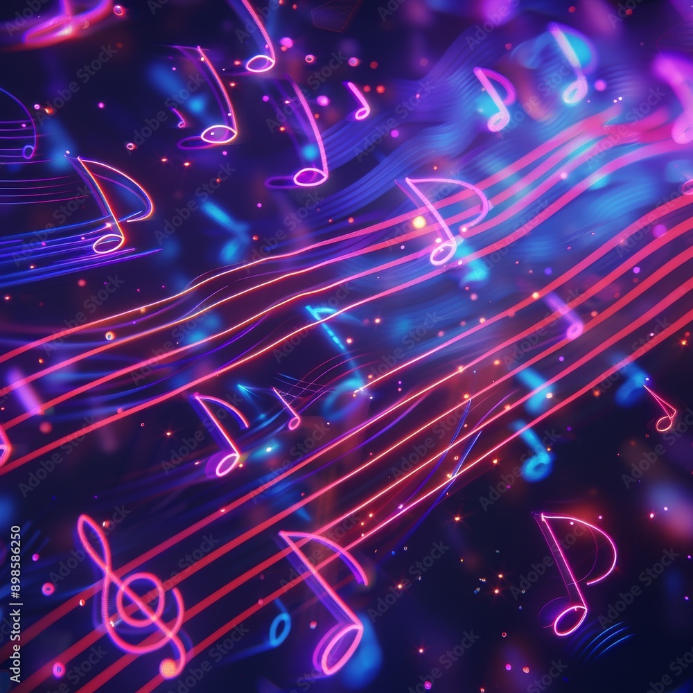 Poster abstract background with glowing music notes and lines.