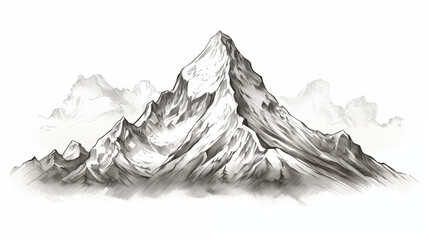 Black and white landscape with big mountain. Travel and nature greeting card. Grunge sketch. Engraving style. Generative AI	