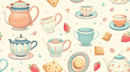 A whimsical pattern showcases an assortment of teacups, teapots, biscuits, and strawberries, perfect for a cheerful tea time atmosphere