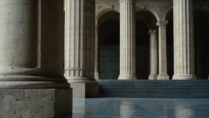 Classical Pillars and Stone Stairs – Architectural Detail of Colonnade on Building Facade