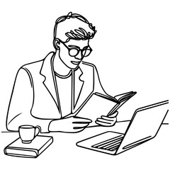 Continuous one line drawing student boy, reading book. Vector graphic illustration.