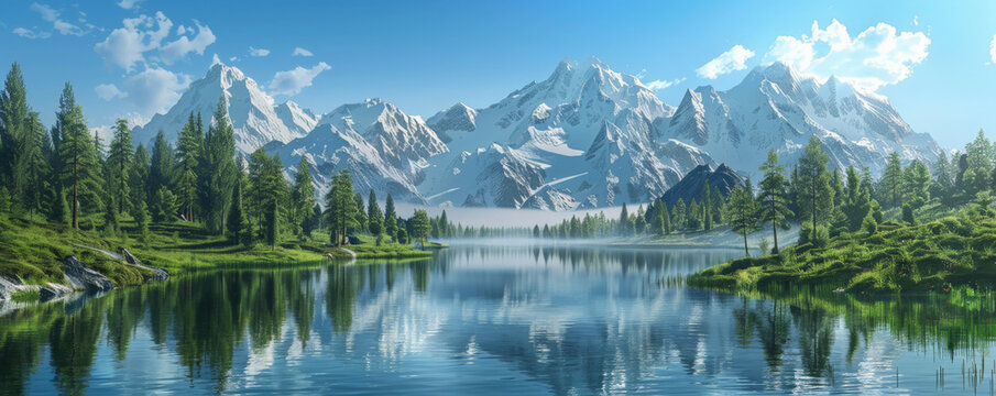 A serene mountain lake backdrop with still waters, surrounding peaks, and a clear reflection, perfect for a peaceful and natural setting.