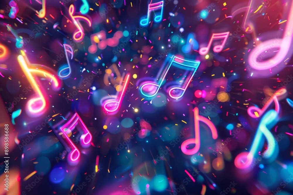 Poster Abstract background with neon music notes, glowing in the dark with colorful lights.