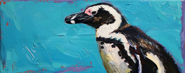 A charming painting of a penguin against a vibrant periwinkle background, showcasing the penguin's sleek body and playful stance.