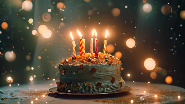 Fairy magic birthday cake on a stand decorated with a sweets, sparklers in the lights on a dark backgrounds.