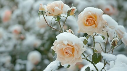 Enchanting Snow Covered Roses Adorn a Winter Garden Wonderland