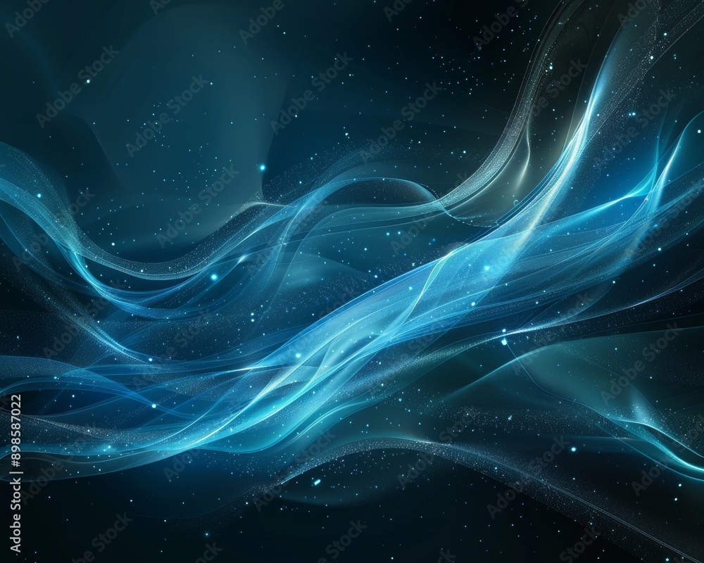 Aufkleber abstract blue and black background with flowing lines and glowing particles.