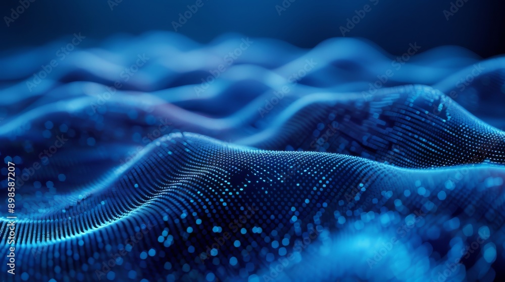 Poster abstract blue digital wave background with glowing particles.