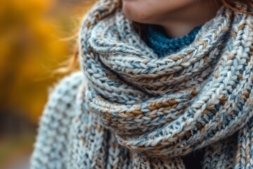 Cozy Winter Fashion: Close-Up on Handmade Knitted Scarf Texture and Pattern for Warmth and Style