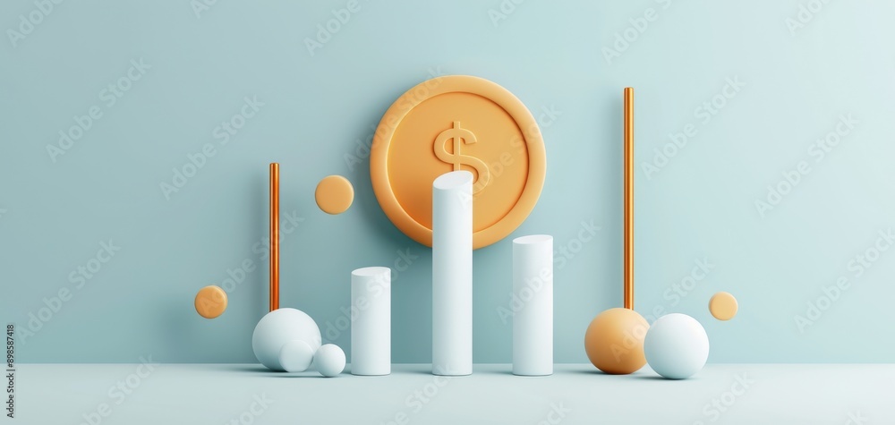 Poster Featuring a cartoon style with a minimalistic design, this 3D icon of a gold coin and candlestick chart is set against a blue background and shown in an isometric view.